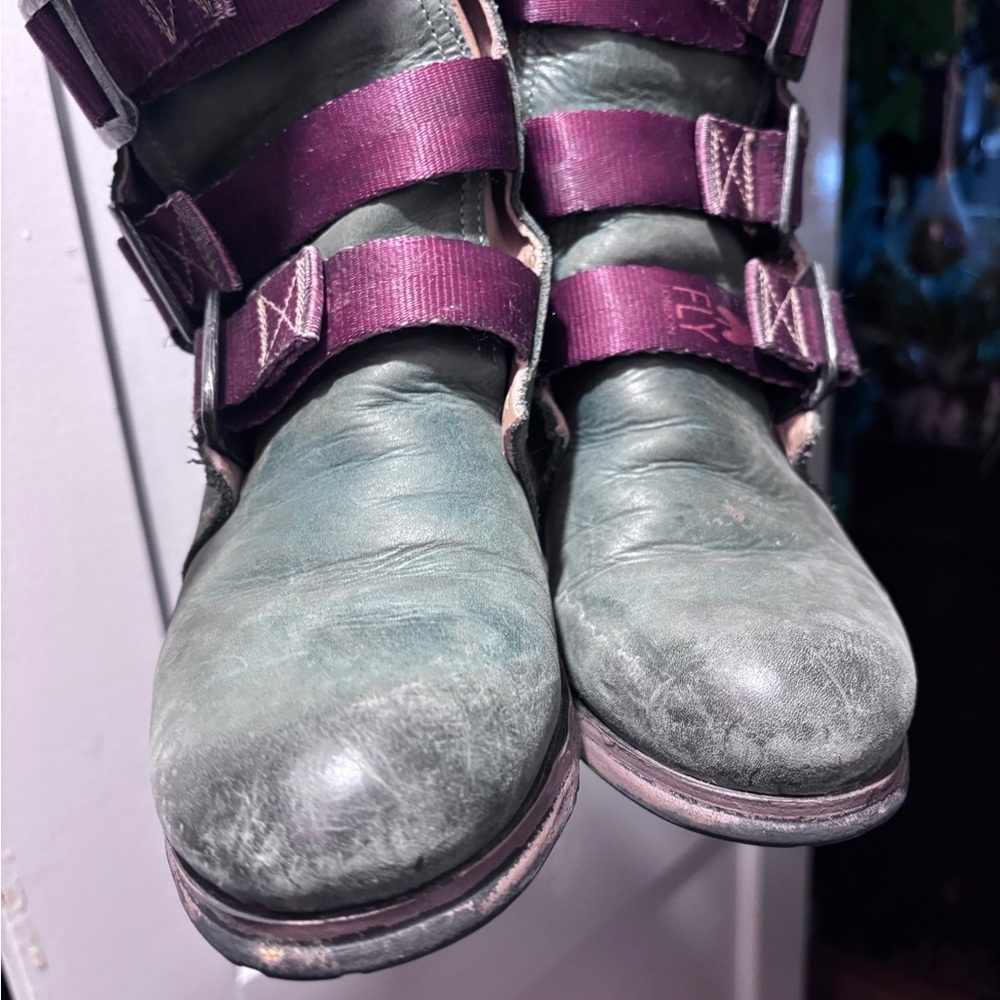 Fly London Women's Dark Green Combat Boots with Purple Straps